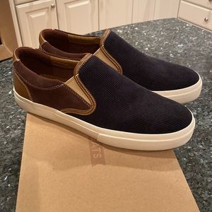 Greats Wooster slip-on sneaker, Navy corduroy, multi suede and smooth leather.